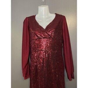 Sequin Evening Dress Womens Small Red Long Sleeve V Neck Party Gown Formal